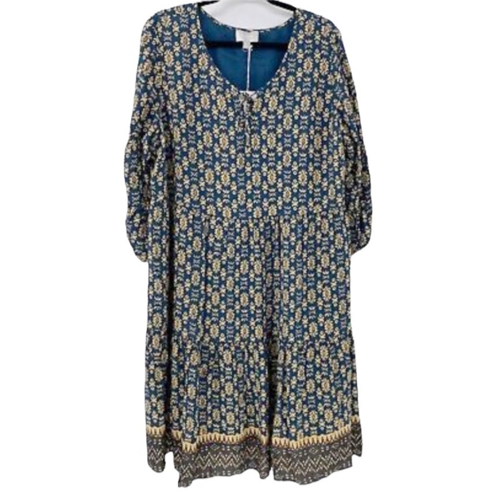Ryllace peasant prairie dress Dark Teal geometric Size 18 poet tie neck